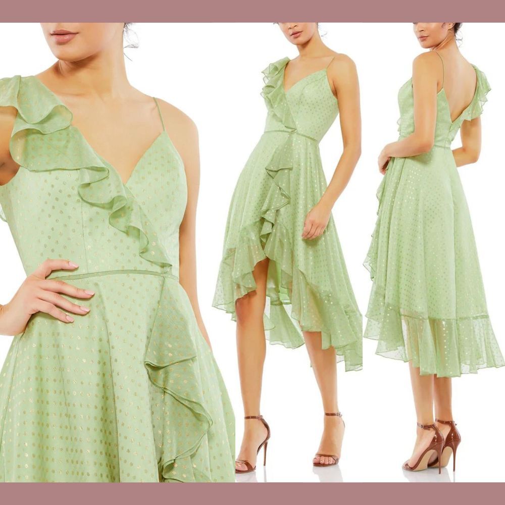NWT IEENA Mac Duggal‎ [ 8 ] Ruffle Faux Wrap Midi Dress in Pistachio Green #Q788